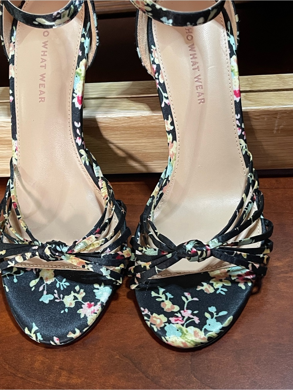 Who What Wear Floral Print Strap  Stiletto Heel/ Satin like Texture/Snap / Knot
